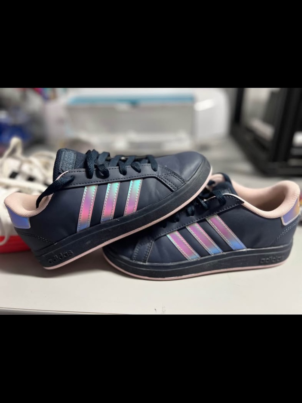 adidas Kids Navy Sneakers with Iridescent Pink-Blue Stripes